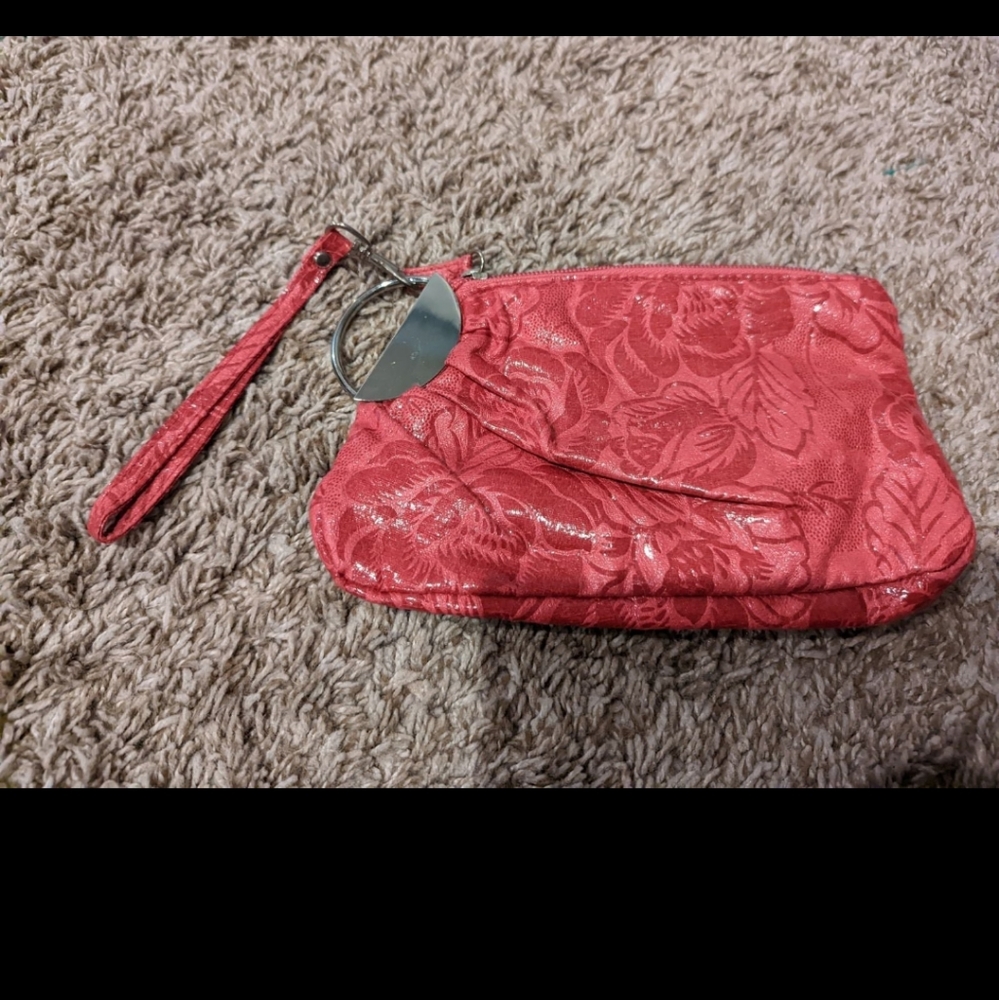 Pink faux leather floral wristlet purse